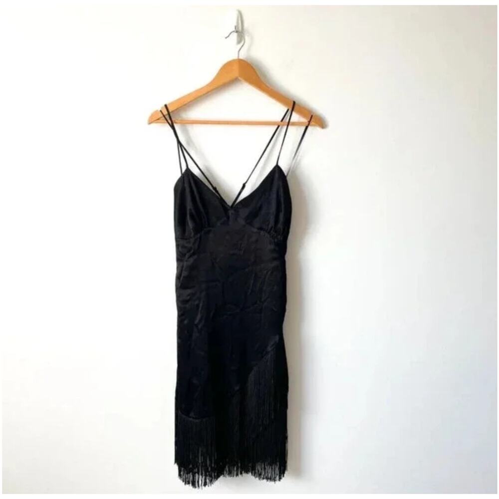 ZARA FRINGED SLIP DRESS BLACK - Picture 6 of 14